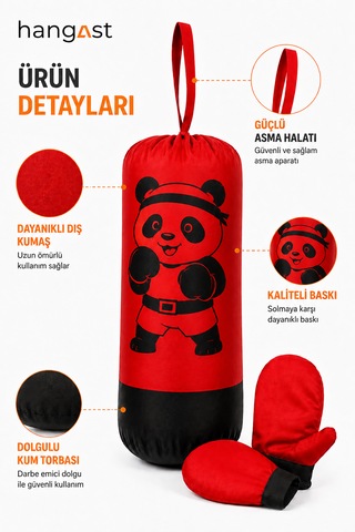 Çocuk Boks Seti Panda Desenli Asılabilir Boks Torbası Eldivenli Kırmızı