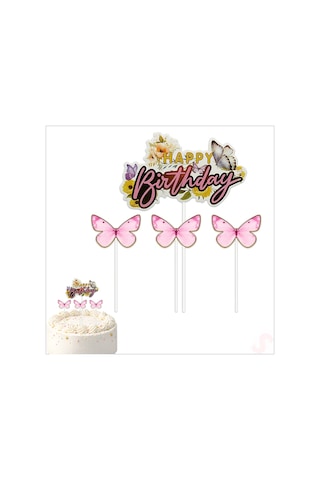 Kelebekli Happy Birthday Pasta Süsü 4 Lü Set - Pembe