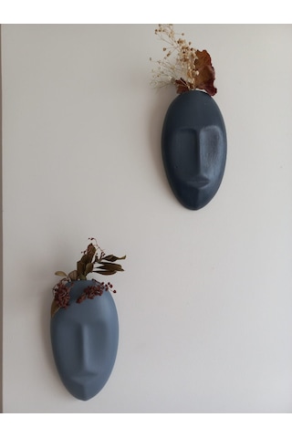 Dekoratif 2'li Yüz Duvar Vazosu, Duvar Süsü ,heykel Aksesuar Antrasit Gri