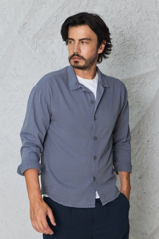 Blayn Jeans Erkek Uzun Kollu Keten Görünümlü Gömlek Oversize Kalıp Gri