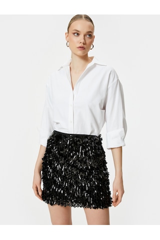 Koton Pullu Payetli Mini Etek Astarlı Standart Bel Slim Fit Siyah 4sak70013fk Siyah