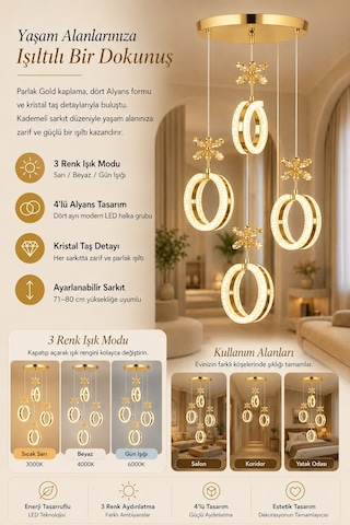 4'lü Alyans Gold 3 Renk Modlu Kristal Taşlı Ledli Avize Altın