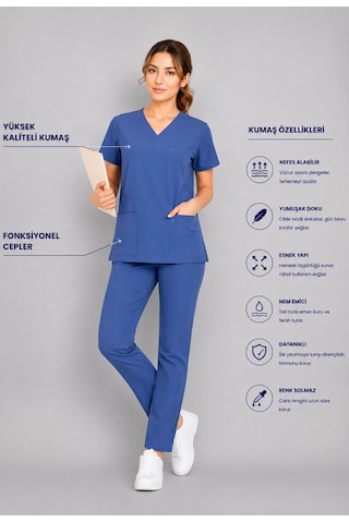 Üniforma Fırtına Mavi Hemşire Ve Doktor Forması Scrubs Takımı Likralı Alt Üst Üniforma Unisex Yarasa Kol Petrol Mavisi