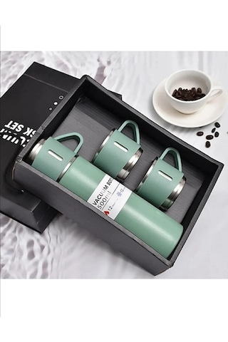 Dekorasyaa Paslanmaz Çelik 3 Bardaklı Termos 500 Ml - Yeşil - Çanta Hediyeli - 12 Saat Sıcak Soğuk Yeşil