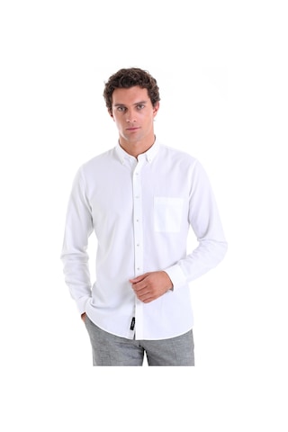 Hatemoğlu Beyaz Comfort Fit Düz 100% Pamuk Düğmeli Yaka Uzun Kollu Casual Oxford Gömlek Beyaz