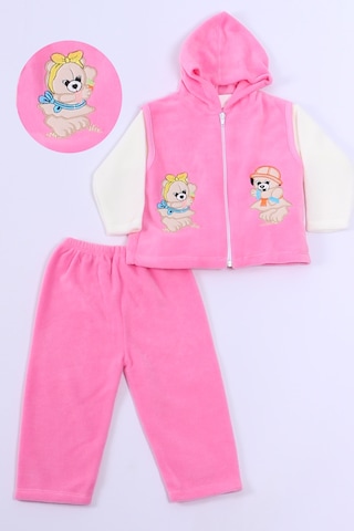 Hçm Bebek Polar 3lü Takım Kapşonlu Fermuarlı Nakışlı C23 Pembe