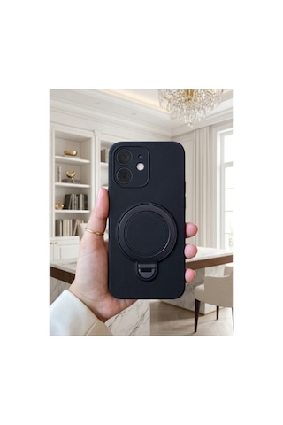 Oppo A6 Pro İle Uyumlu 360 Derece Dönebilen Kalın Metal Magsafe Halka Stantlı İçi Kadife Korumalı Ultra Lüx Premium Silikon Kılıf Siyah