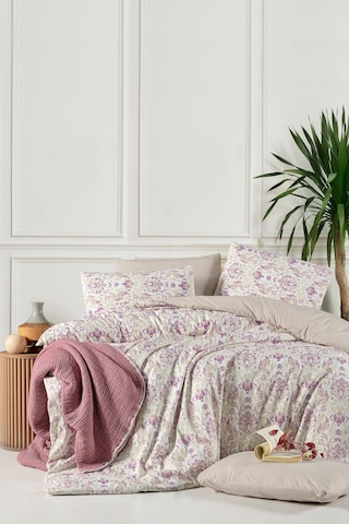 Lastikli Çarşaflı Tek Kişilik Nevresim Takımı İvy Krem Mor