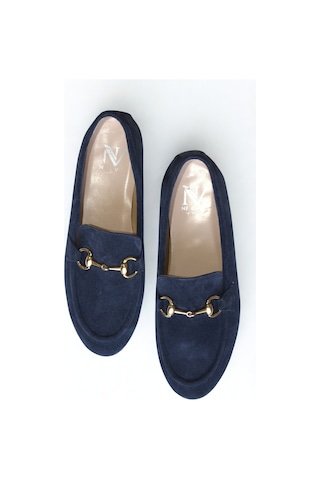 Ne&ve Shoes Lacivert Süet Hakiki Deri Gold Zincir Aksesuarlı Kadın Loafer Ayakkabı