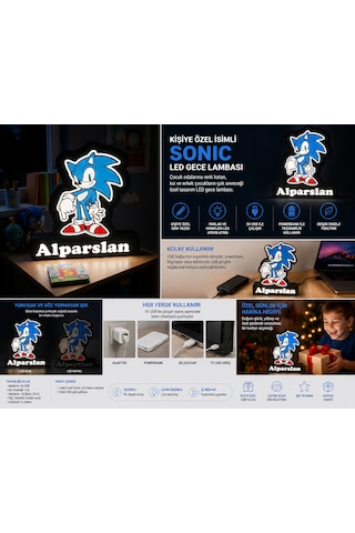 Kişiye Özel İsimli Sonic Led Gece Lambası Usb Çocuk Odası Mavi-siyah
