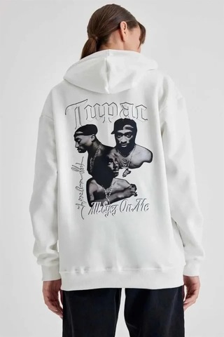 Vexor Kapüşonlu Sırt Baskılı Üç İplik Oversize Sweatshirt - Beyaz