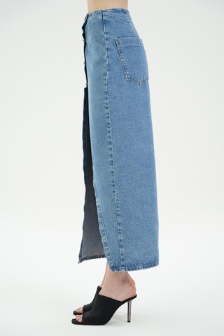 Açık Mavi Yüksek Bel Düğmeli Maxi Jean Etek C 4532-036 Açık Mavi