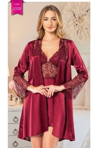 Carmella 1330 Ipek Saten 6 Lı Kadın Gecelik Sabahlık Takım Bordo