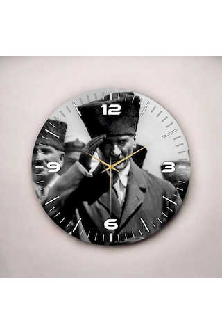 Mustafa Kemal Atatürk Siyah Beyaz Renkli Baskı Sayılı Hediyelik Ahşap Sessiz Duvar Saati 50cm ÇOk Renkli