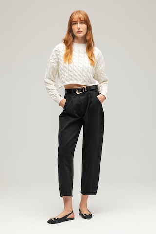 Sââde Kadın Yüksek Bel Relaxed Fit Mom Jean Pantolon - Pileli Siyah