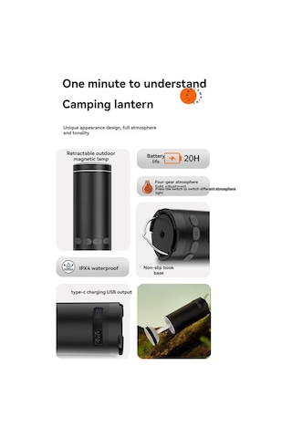 Açık Hava Kamp Feneri 8000mah Şarj Edilebilir Renkli Işıklar Siyah