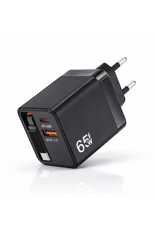 Yk Design 65w Usb Type-c + Usb Duvar Şarj Aleti 2-in-1 Qc3.0 Çekilebilir Kablolu Siyah