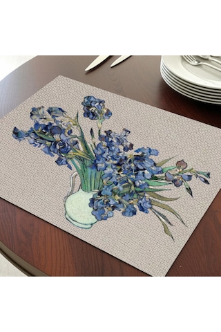 Vazoda İrisler Tasarımlı Amerikan Servis, Tabak Altlığı & Şık Masa Dekoru, Ev Hediyesi, 2 Adet Krem