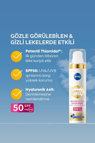 Nivea Luminous630 Thiamidol Etkili Leke Karşıtı Gündüz Yüz Kremi SPF50 UV Koruma Hyaluronik Asit 40 ML