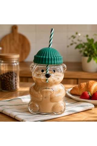 Orret Home 580 Ml Ayıcık Desenli Cam Bardak Pipetli Silikon Kapak Şeffaf Cam