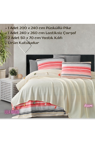 Valeria Tassel Krem Renkli Çift Kişilik Püsküllü Pike Takımı