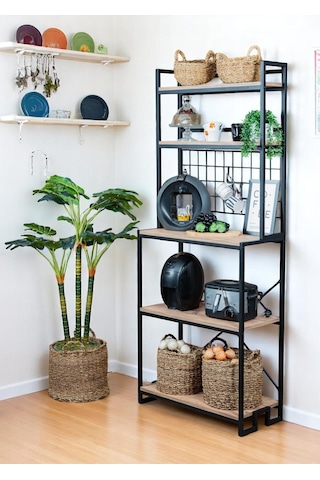 Ahşap Raflı Metal Ayaklı Kahve Köşesi Çok Amaçlı Mutfak Bangosu
