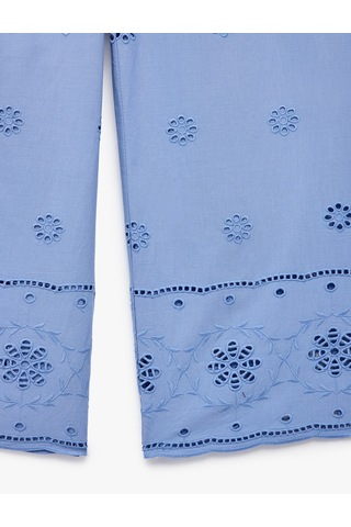 Koton Pamuklu Beli Lastikli Brode Detaylı Geniş Paça Pantolon Mavi 6skg40031aw