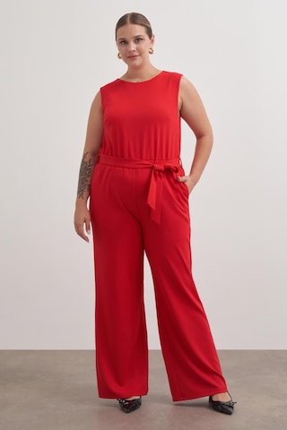 Pencere Detaylı Cepli Örme Tulum-6180 Kırmızı