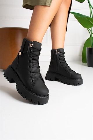 Shoetek Faustina Kadın Bot Bağçıklı Siyah Mat Deri Siyah