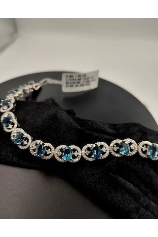 925 Ayar Gümüş Mavi Topaz Elmas Bileklik 262 Gümüş