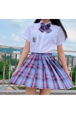 3 Adet Kadın Anime Okul Üniforması Seti Yaz Jk Kısa Gömlek Ceket Etekler Takım Elbise Mor