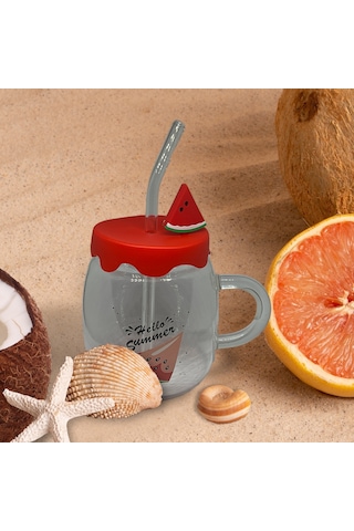 Karpuz Tasarımlı Cam Kupa Bardak - 450 Ml - Silikon Kapaklı - Pipetli Diğer