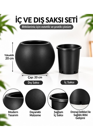Siyah Yuvarlak Dekoratif Saksı 20x20 Cm İçlikli Ve İçliksiz Kullanım Modern Salon Ve Ofis Saksı -
