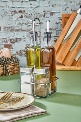 Cooker 5 Parça Standlı Cam Yağdanlık Sirkelik Sosluk Baharatlık Seti Ckr1228 Gri