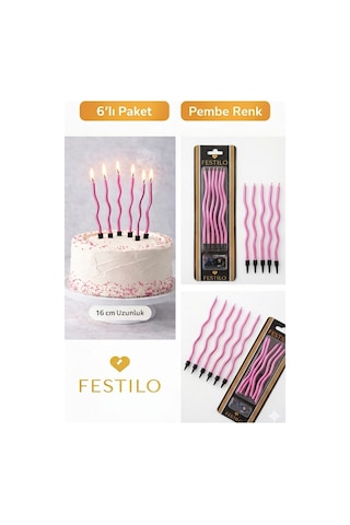 6 Lı Kıvrımlı Mum Pembe Pasta Süsü Spiral Mum Pasta Mumları 16 Cm