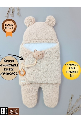 Bebek Dış Kundak Battaniyesi Pelüş Ayaklı Welsoft Uyku Tulumu Kışlık Mont Yenidoğan 0-12 Ay Bej