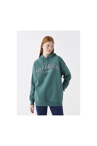 LC Waikiki Baskılı Uzun Kollu Oversize Kadın Hoodie Yeşil
