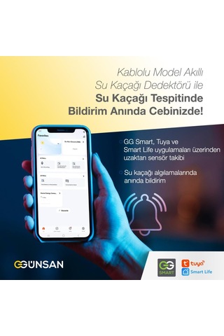 Günsan Akıllı Wifi Su Kaçağı Dedektörü Kablolu Tuya & Smart Life Uyumlu