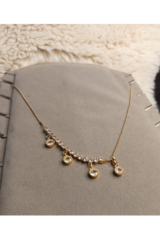 Beren Aksesuar Stainless Steel Zirkon Taşlı Çelik Kolye Gold