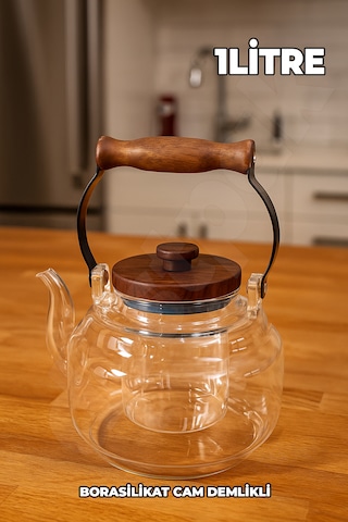 Akasya Kapaklı Ve Üstten Saplı Yuvarlak Cam Demlik - Isıya Dayanıklı - Cam Demlikli - 3 Parça Cam