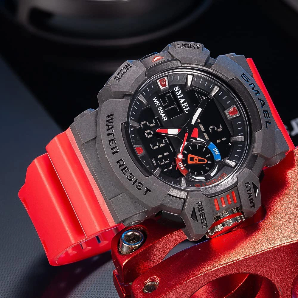 Geeroyoo Erkekler İçin Spor Su Geçirmez Saat - Duraklayıcı, İki Zamanlı, Alarm, Led Işık, 50m Su Dayanıklı, Siyah-kırmızı