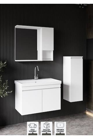 Karen Banyo Deniz 80 Cm Lavabolu, Aynalı Banyo Dolabı, Lavabo Dahil, Boy Dolabı Dahil, Beyaz