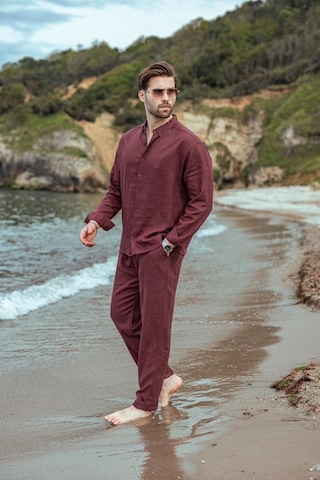 Madmext Bordo Rahat Kesim Keten Erkek Gömlek Pantolon Takım E7362