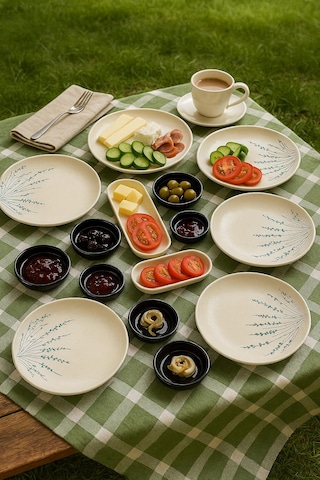 Seramık 6 Kısılık Pamuk Çiçeği 14 Parca Seramık Kahvaltı Takımı Beyaz