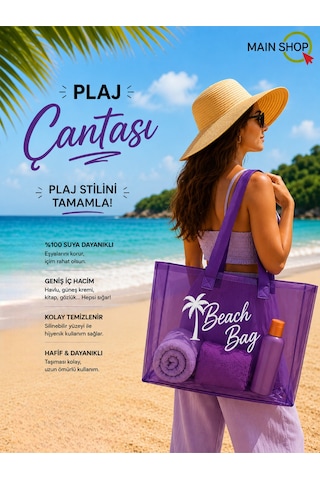 Mainshop Mor Şeffaf Beach Bag Kadın Plaj Çantası Büyük Hacimli M-plj01