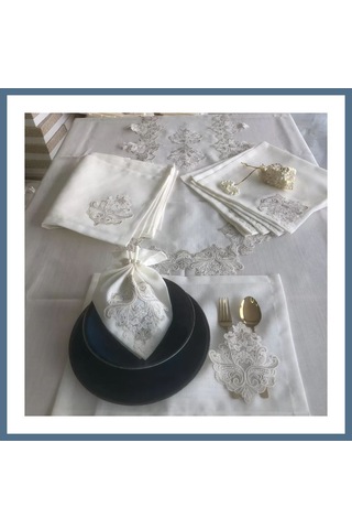 Buradabulabilirsin Sofra Takımı Mimoza Gardenya Keten Yemek Takımı 160x260 Masa Seti 26 Parça Runner Set Kreme Gold Bbz