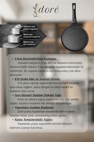 Döküm Krep Tavası Yapışmaz Yüzeyli 3 Katmanlı Kaplama Siyah