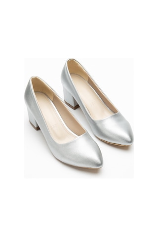 Kadın Kısa Topuklu Ayakkabı Gümüş Şanel Malzeme Kalın Topuklu-3552 Gumus