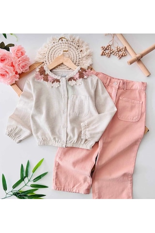 Yaka Çiçek Örgü Detaylı Renkli Kot Cepli Pantolonlu Kız Çocuk Takım - Somon Somon