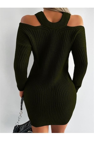 Aqe Fashion Kadın Omuzu Açık Uzun Kollu Midi Boy Tam Kalıp Haki Triko Elbise Haki